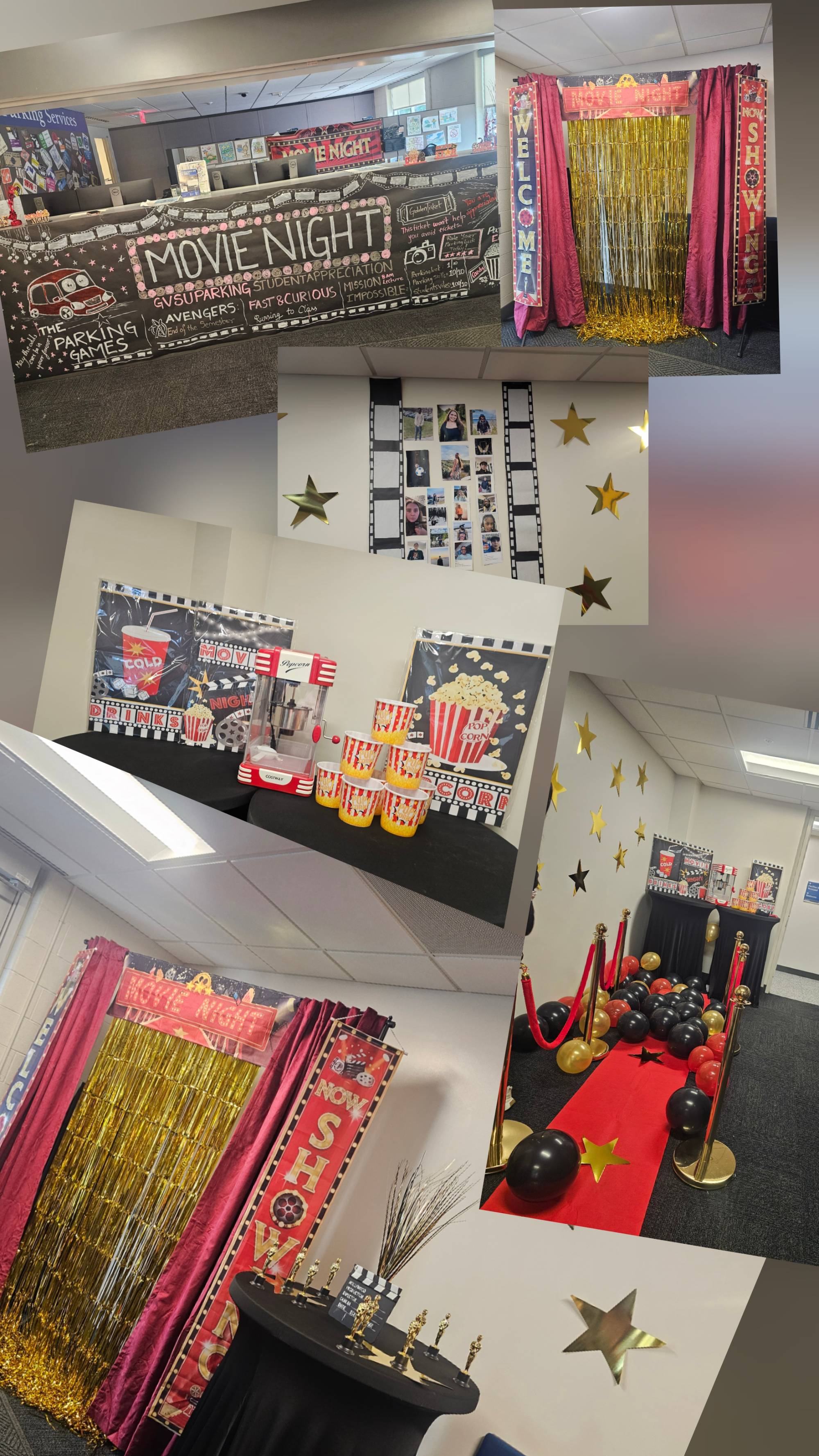 Parking themed movie banner with a hand drawn car and car themed movies listed. There is also red welcome curtains with gold tassles hanging from a doorway. There is a red carpet with gold stars and black and red and gold balloons lining the walkway. There is also a table with oscar trophies and another with a small popcorn machine and buckets